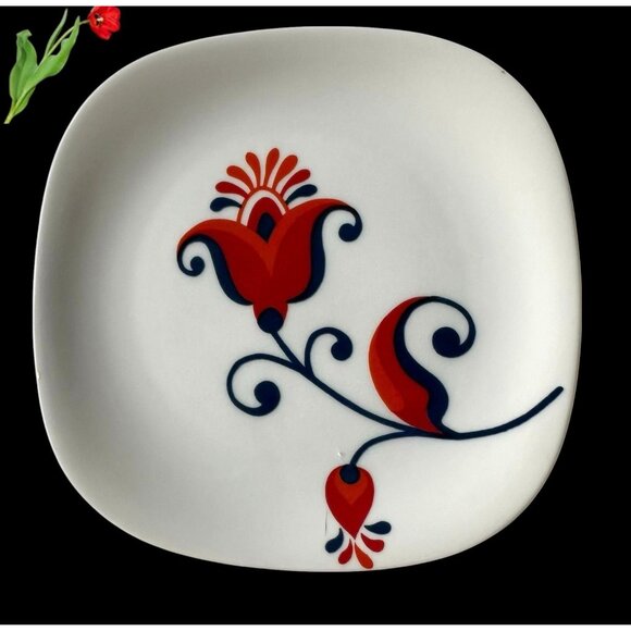 VTG 70s Block Langenthal Transition Bread Plates 6 piece Red Floral Pop Art - Picture 10 of 12